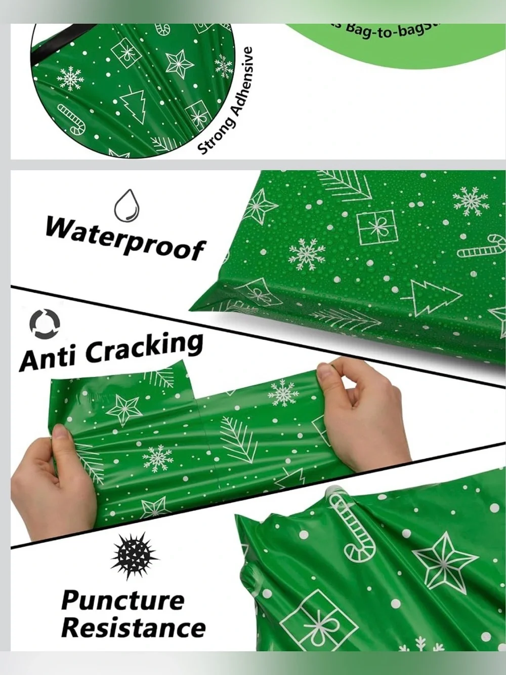 Green Holiday Polymailer Bags with White Festive Icons